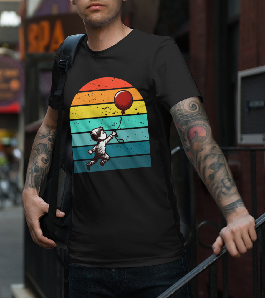 Childhood Nostalgia Boy With Balloon Rainbow Stripes T-Shirt