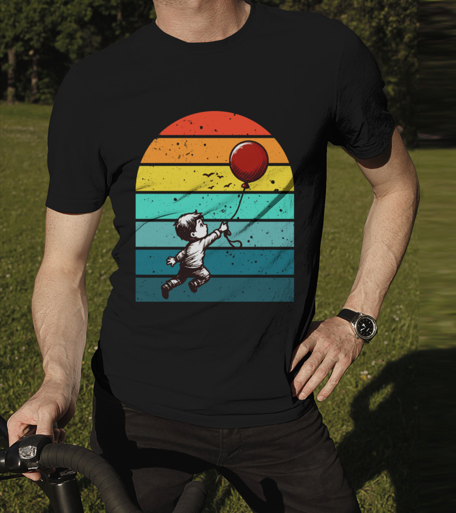 Childhood Nostalgia Boy With Balloon Rainbow Stripes T-Shirt