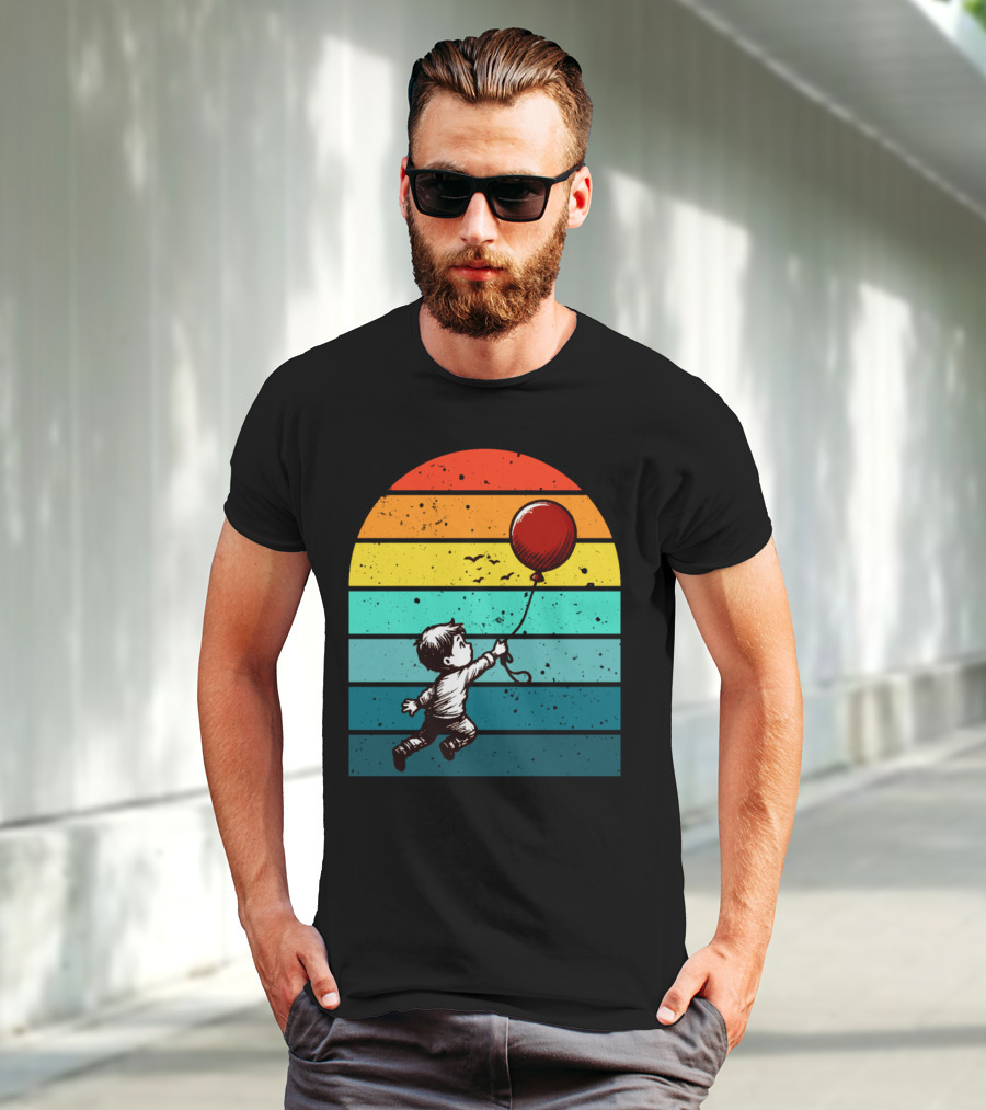 Childhood Nostalgia Boy With Balloon Rainbow Stripes T-Shirt