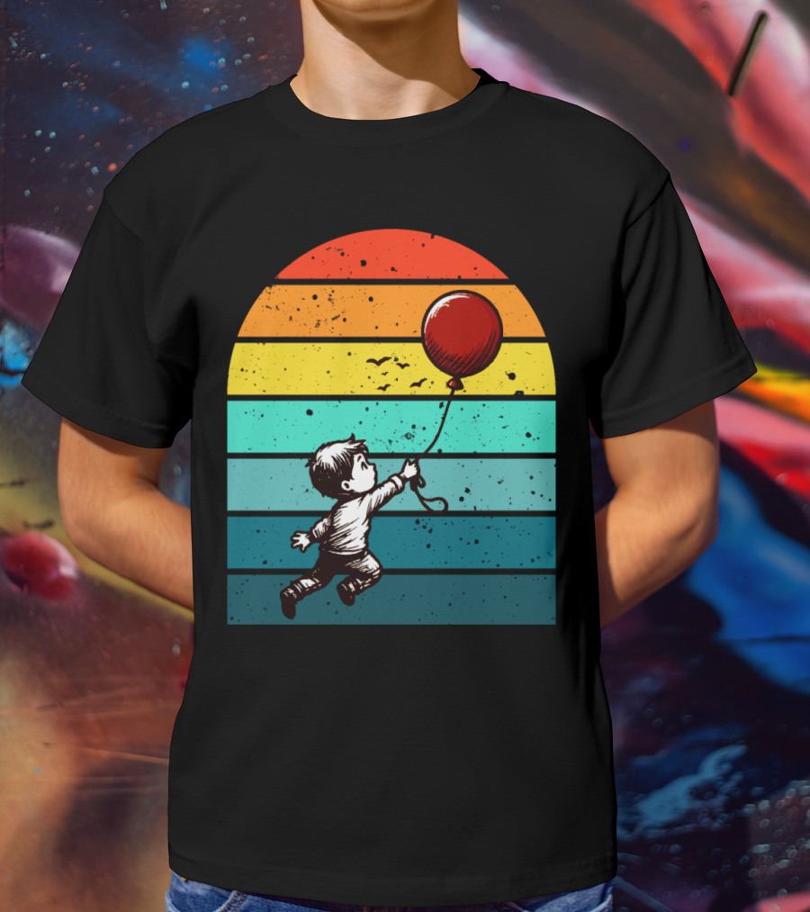 Childhood Nostalgia Boy With Balloon Rainbow Stripes T-Shirt