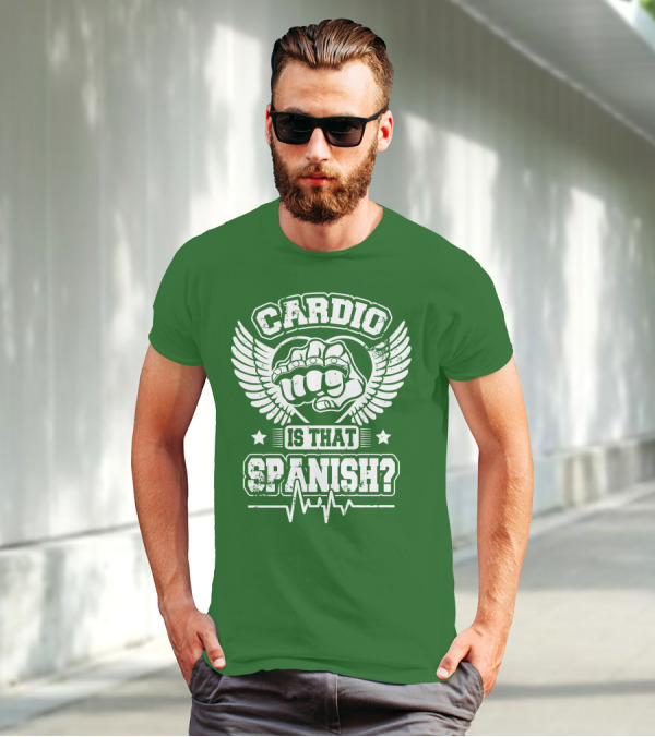 Cardio Is That Spanish Bold Fist And Wings With Heartbeat Line T-Shirt