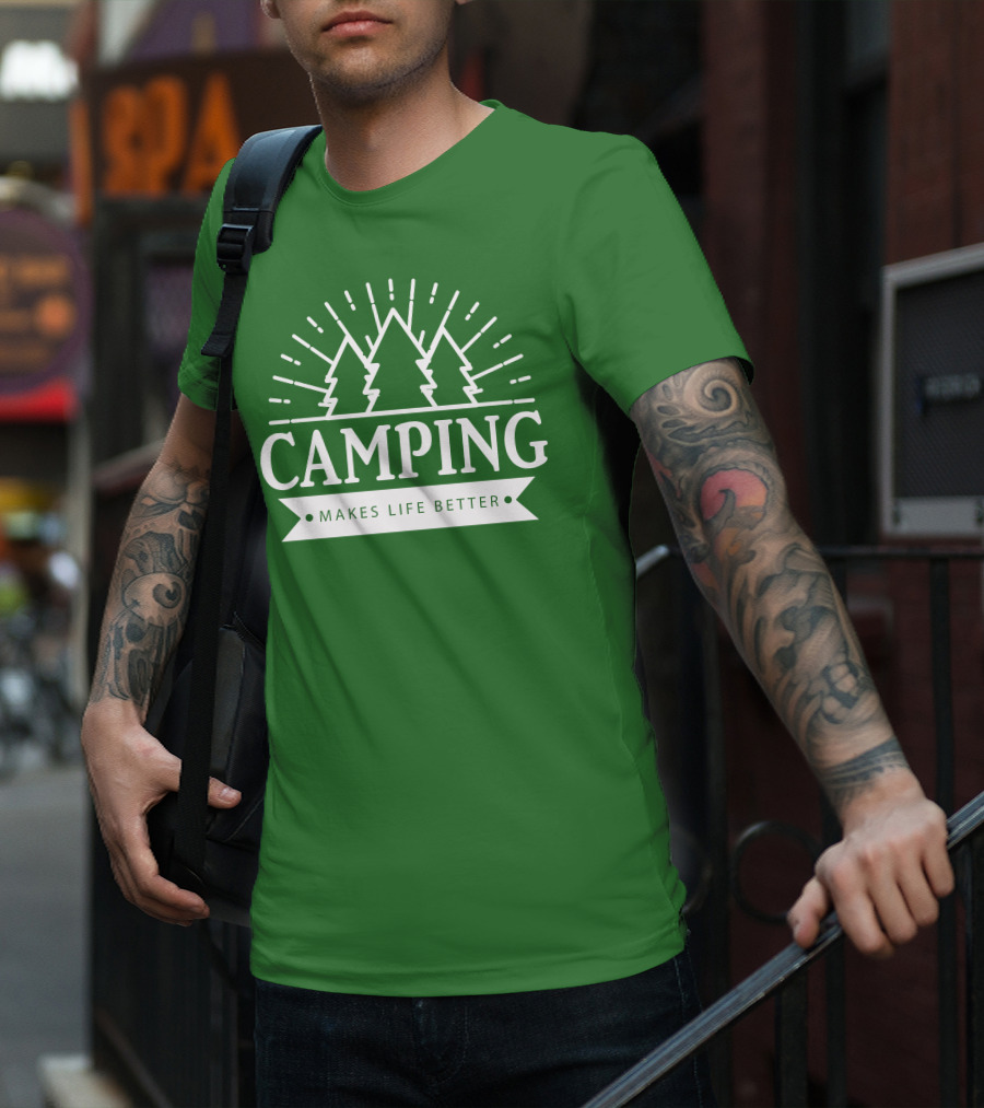 Camping Makes Life Better With Forest Trees And Radiant Sunburst T-Shirt