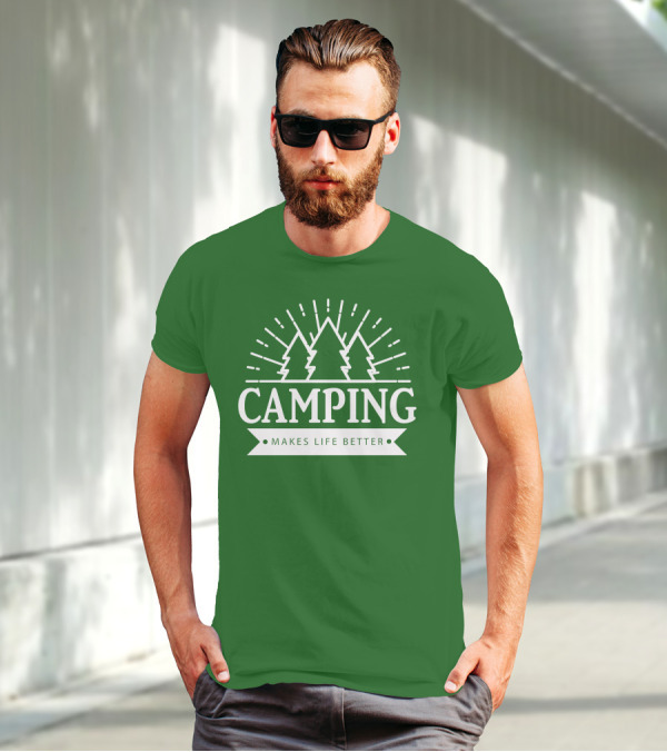 Camping Makes Life Better With Forest Trees And Radiant Sunburst T-Shirt