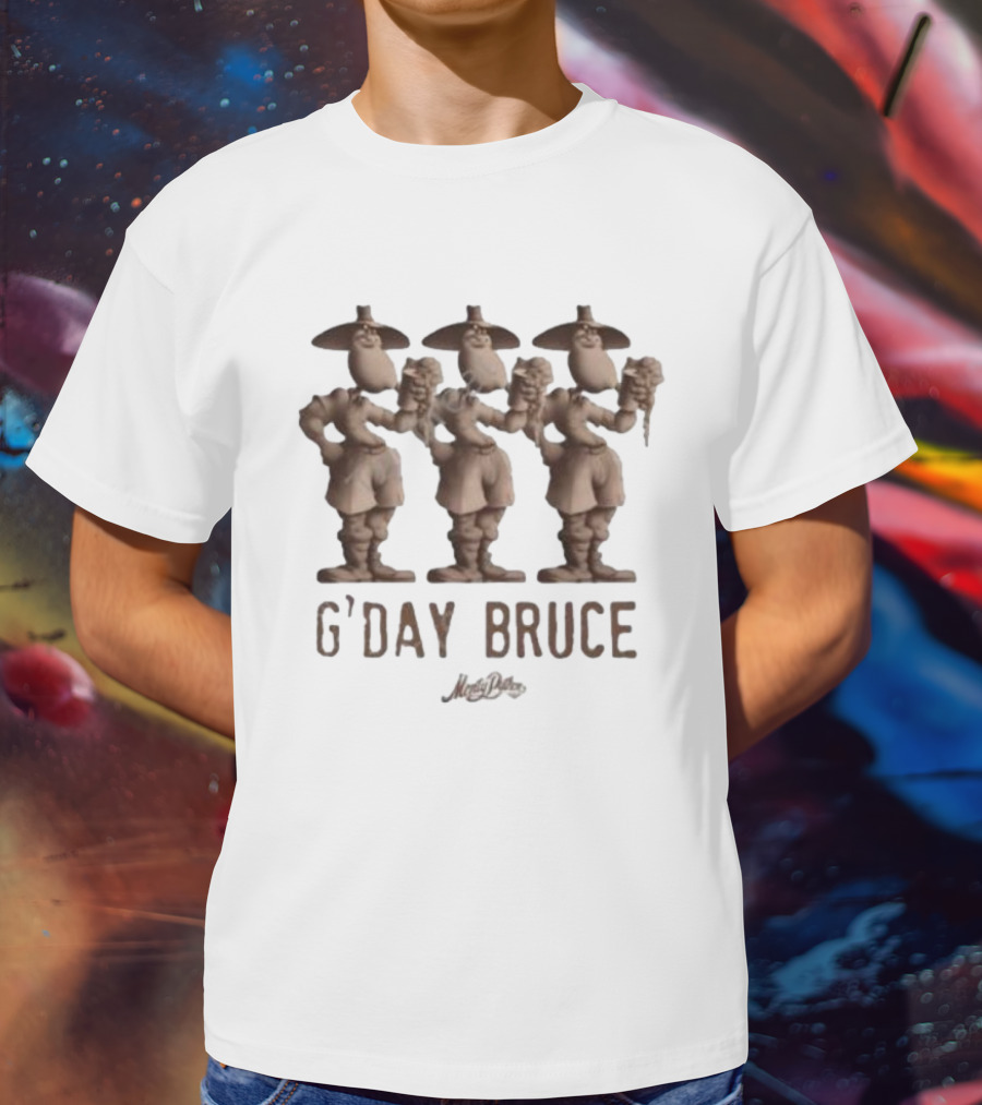 Monty Python G’day Bruce Three Figures Holding Mugs T-Shirt