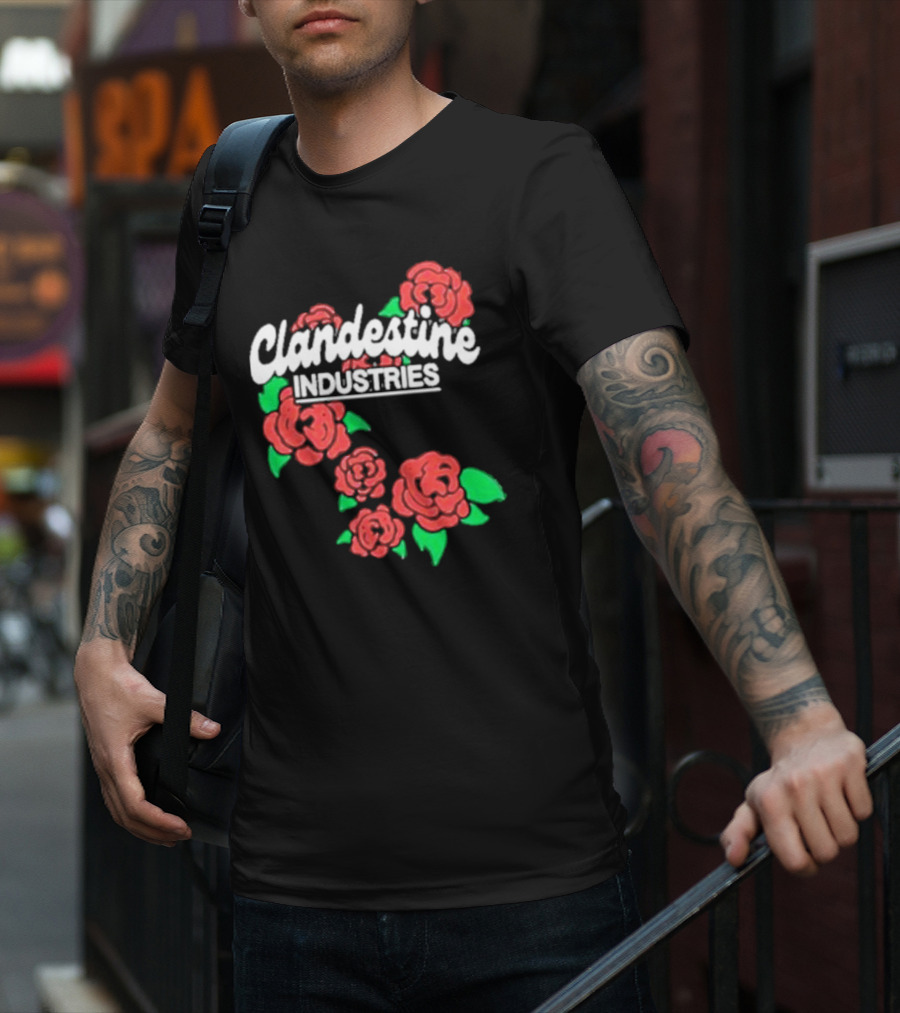 Clandestine Industries Roses Band With Red And Green Elements T-Shirt