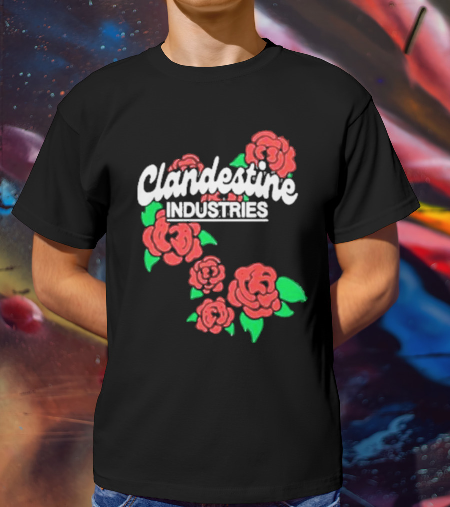 Clandestine Industries Roses Band With Red And Green Elements T-Shirt