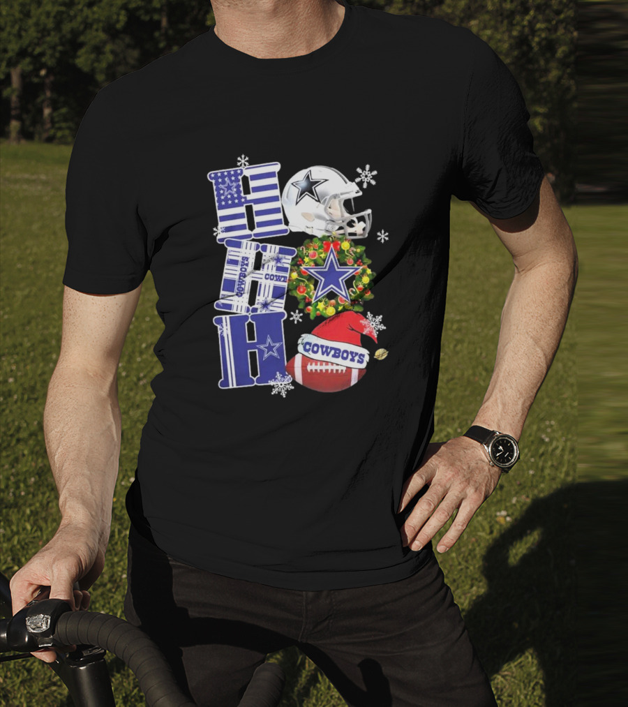 Dallas Cowboys Ho Ho Ho Merry Christmas Football Helmet Wreath Snowflakes T-Shirt