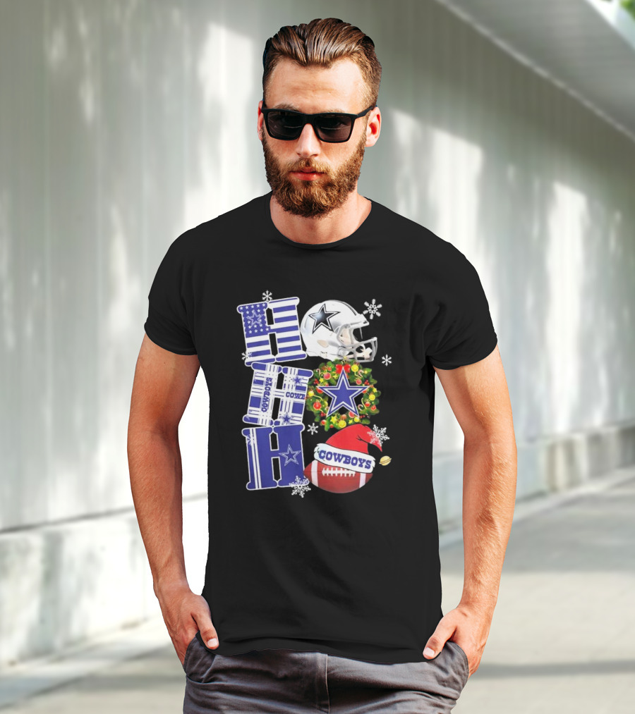 Dallas Cowboys Ho Ho Ho Merry Christmas Football Helmet Wreath Snowflakes T-Shirt