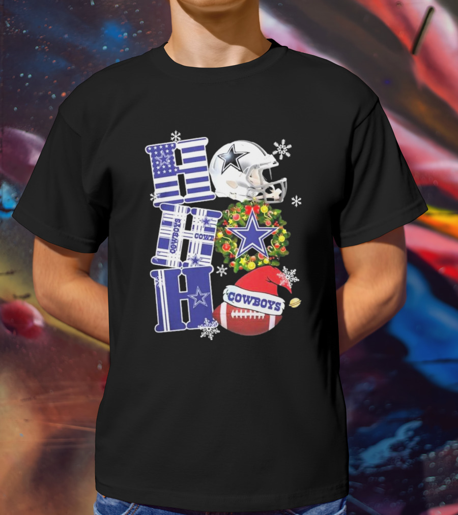 Dallas Cowboys Ho Ho Ho Merry Christmas Football Helmet Wreath Snowflakes T-Shirt