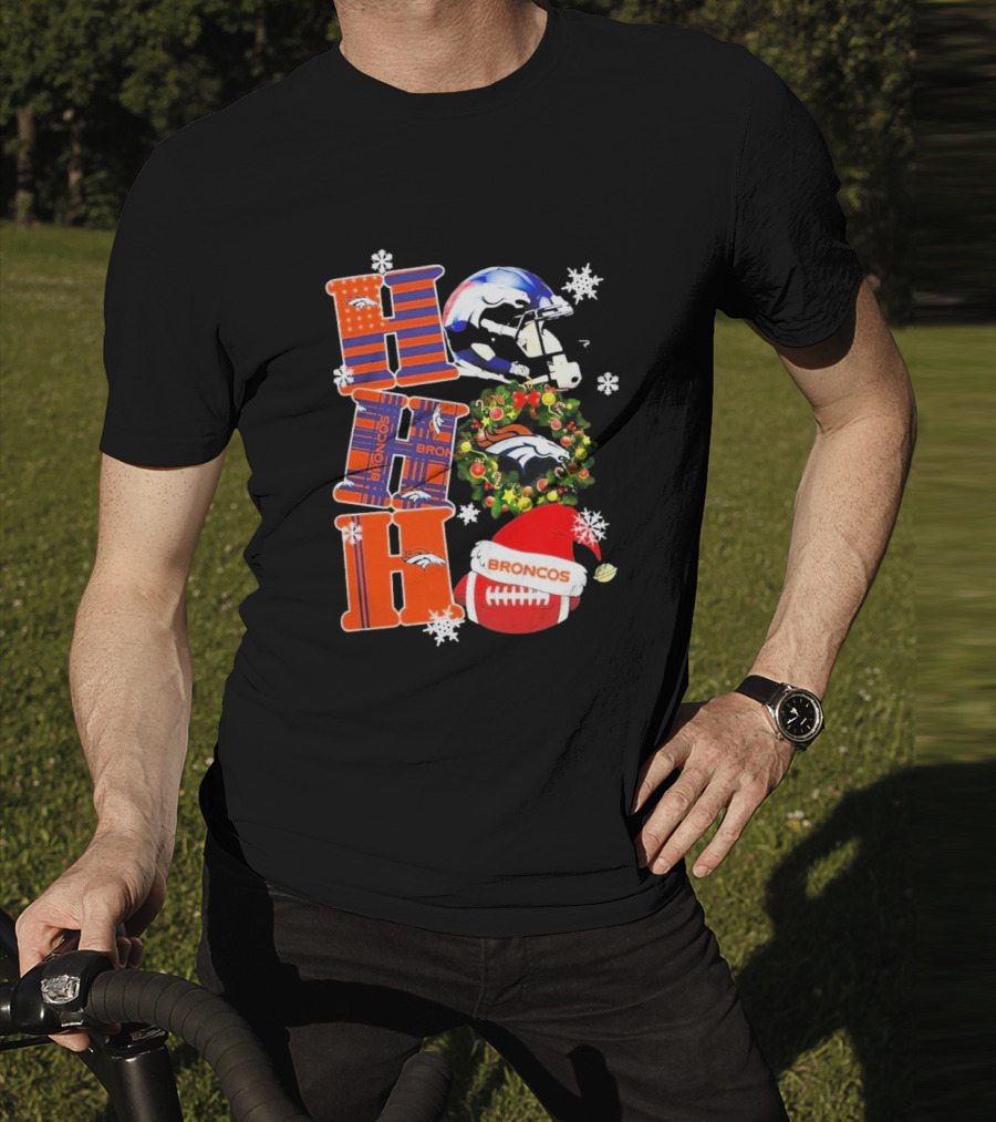 Denver Broncos Ho Ho Ho Merry Christmas Football Helmet Wreath Snowflakes Santa Hat T-Shirt