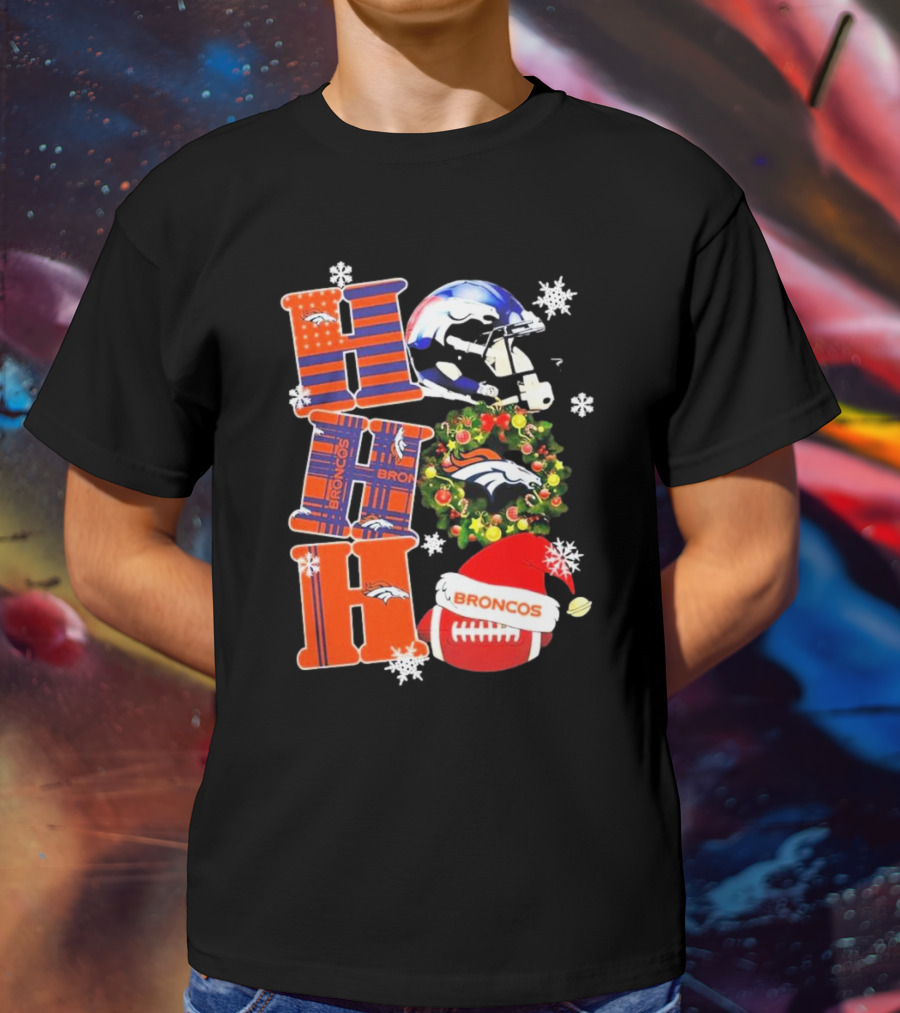Denver Broncos Ho Ho Ho Merry Christmas Football Helmet Wreath Snowflakes Santa Hat T-Shirt