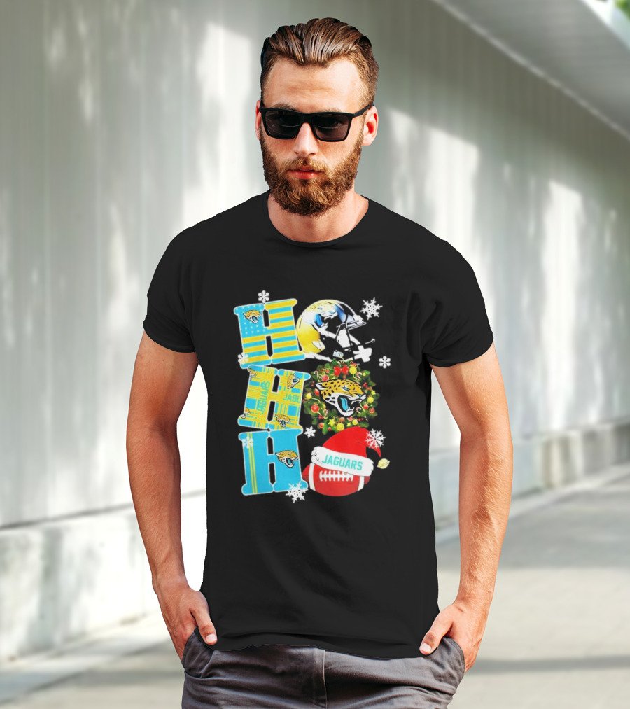 Jacksonville Jaguars Ho Ho Ho Merry Christmas Football Santa Hat Snowflakes Wreath T-Shirt