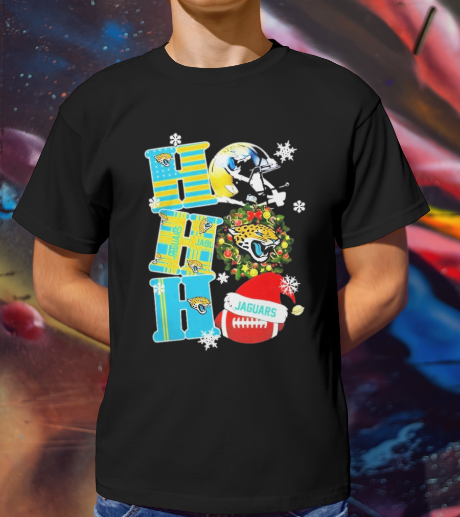 Jacksonville Jaguars Ho Ho Ho Merry Christmas Football Santa Hat Snowflakes Wreath T-Shirt