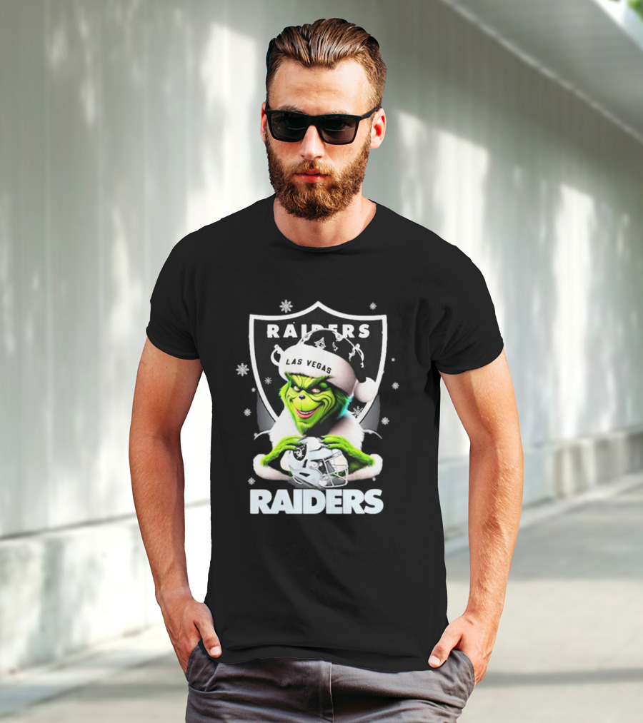Las Vegas Raiders Grinch Santa Merry Christmas Snowflakes T-Shirt