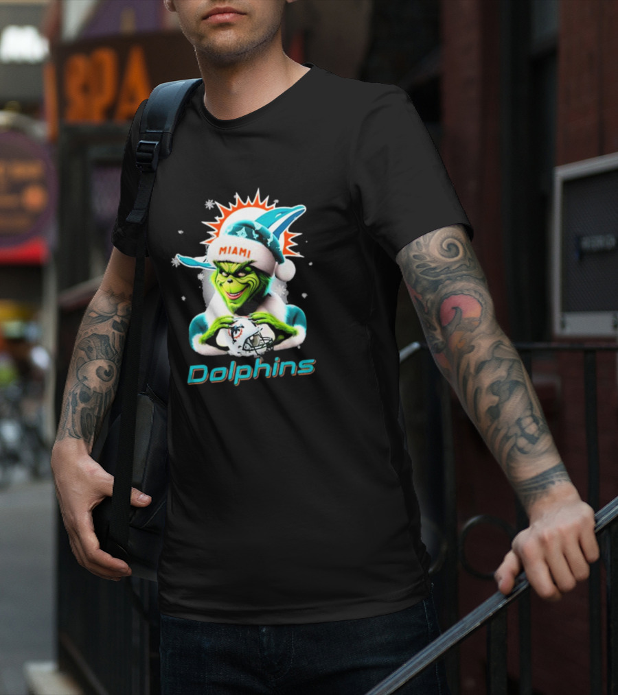 Miami Dolphins Christmas Grinch Santa Hat T-Shirt