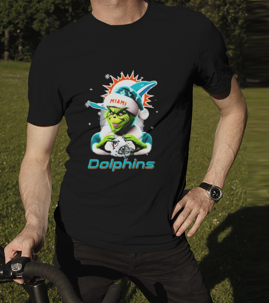Miami Dolphins Christmas Grinch Santa Hat T-Shirt