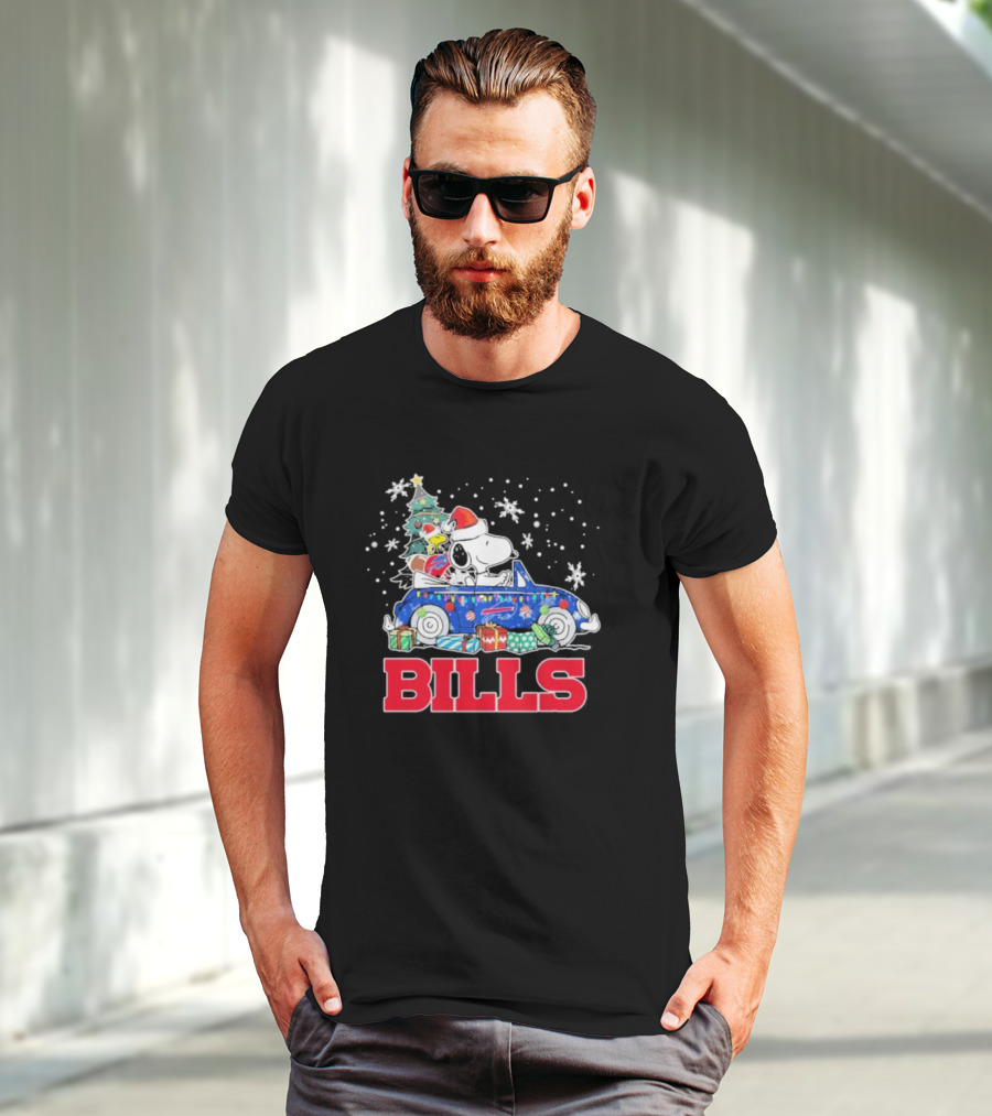 Peanuts Snoopy Woodstock Christmas Car Buffalo Bills Flag Winter Snowflakes T-Shirt