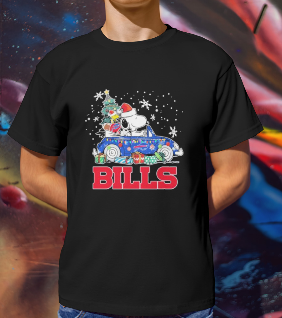 Peanuts Snoopy Woodstock Christmas Car Buffalo Bills Flag Winter Snowflakes T-Shirt