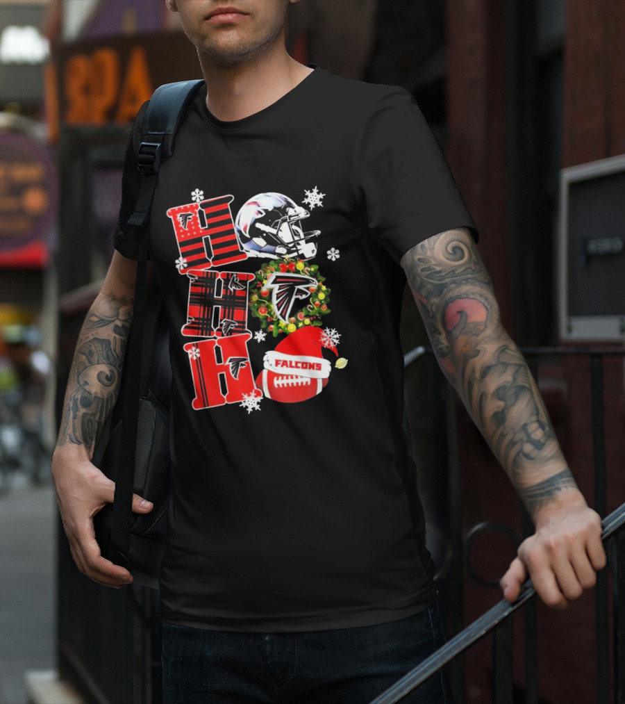 Atlanta Falcons Ho Ho Ho Merry Christmas Helmet Wreath Snowflakes Football Holiday T-Shirt