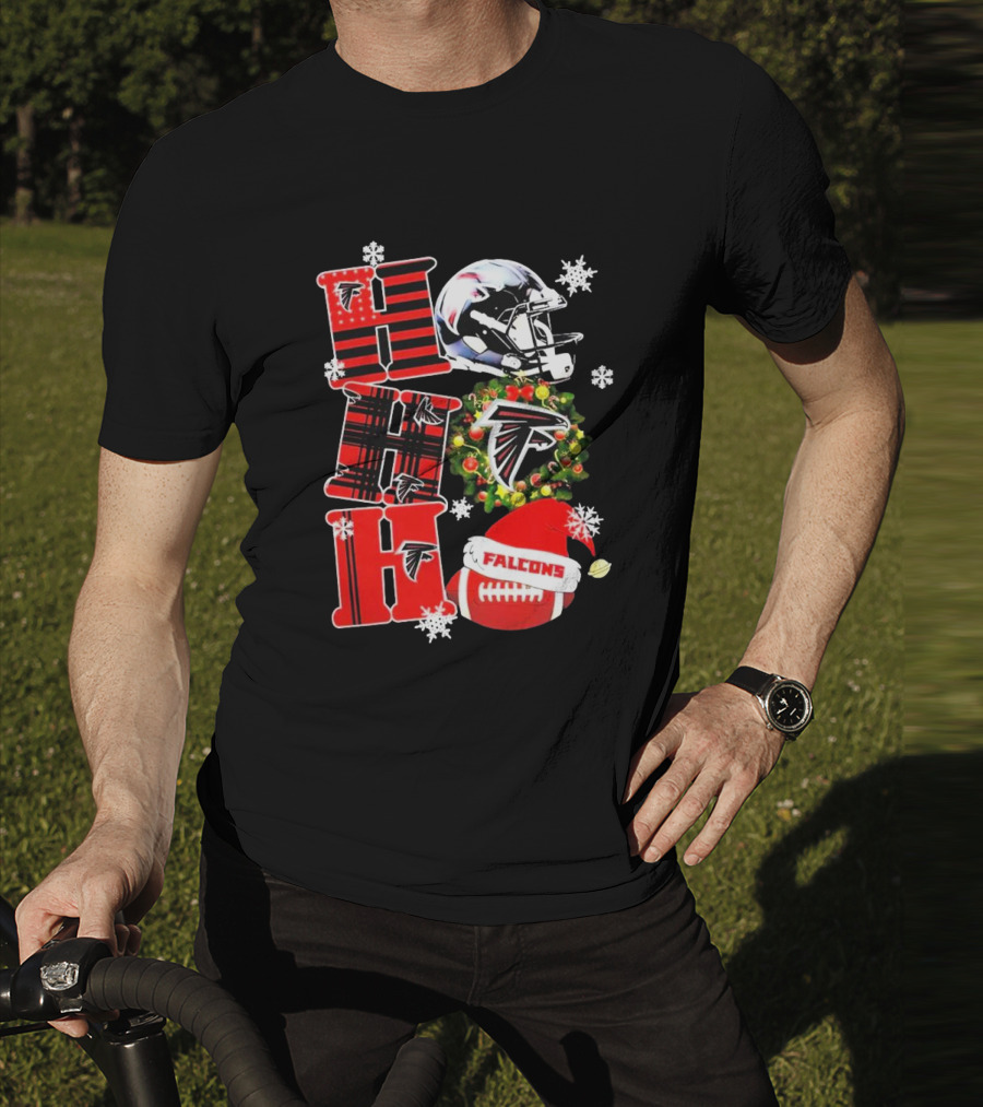Atlanta Falcons Ho Ho Ho Merry Christmas Helmet Wreath Snowflakes Football Holiday T-Shirt