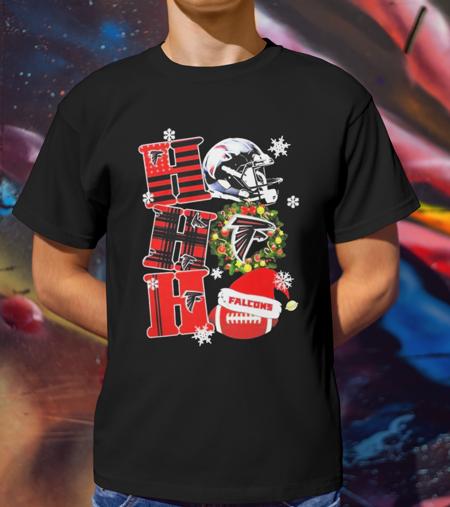 Atlanta Falcons Ho Ho Ho Merry Christmas Helmet Wreath Snowflakes Football Holiday T-Shirt