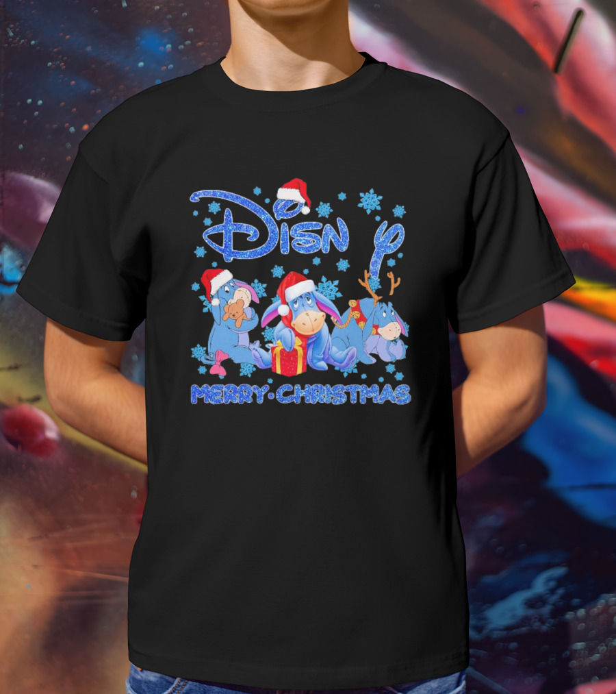Disney Eeyore Santa Hat Winnie-the-Pooh Merry Christmas Snowflakes T-Shirt