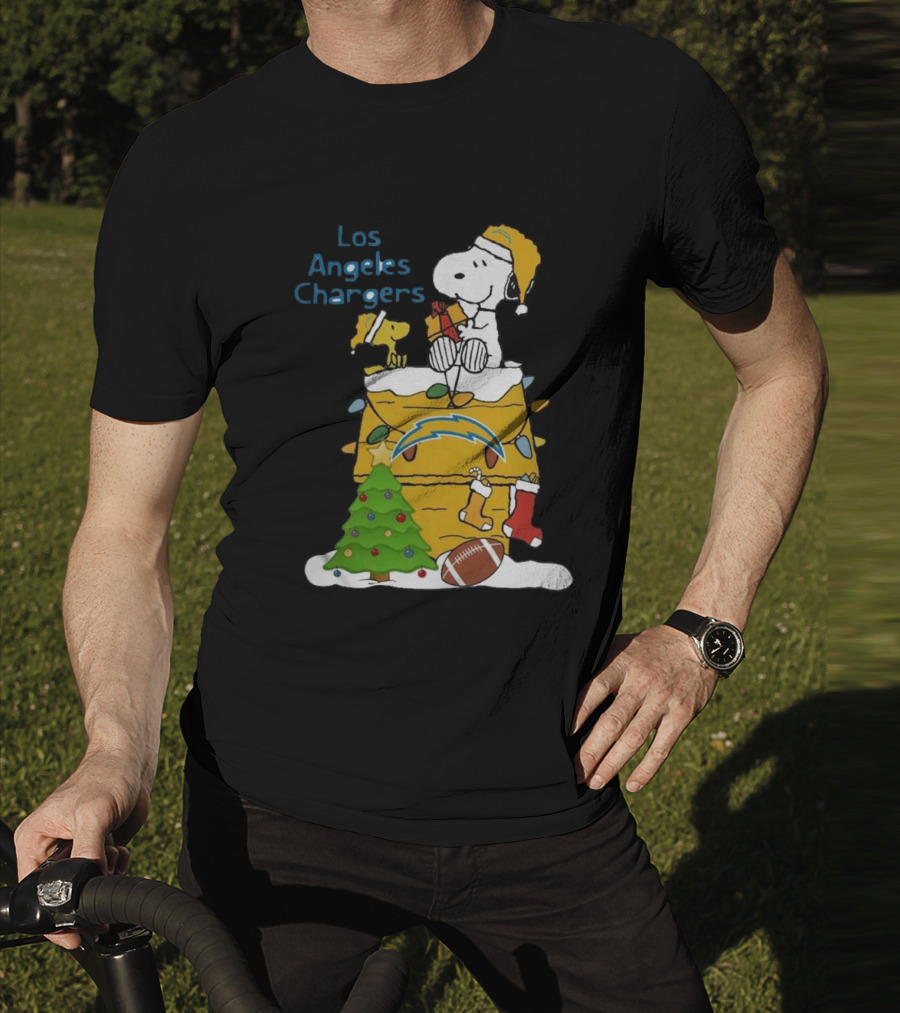 Santa Snoopy Woodstock Los Angeles Chargers Christmas Tree Football Socks T-Shirt