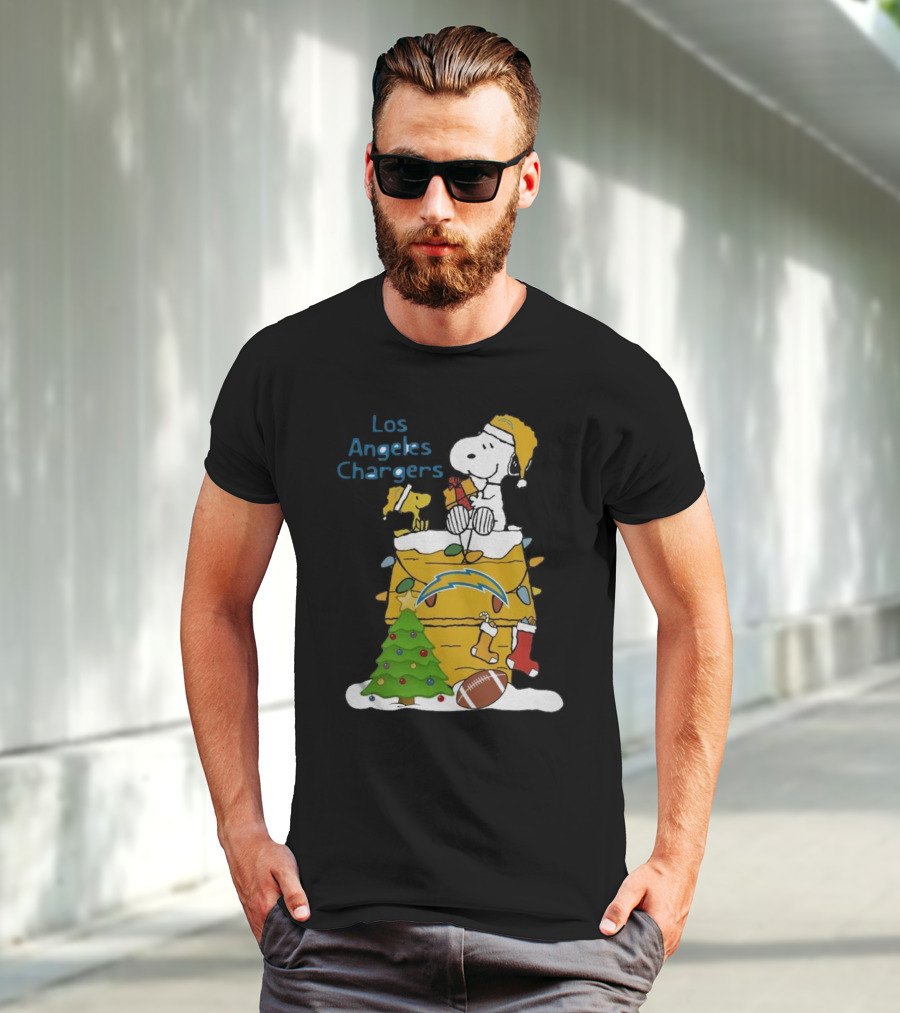 Santa Snoopy Woodstock Los Angeles Chargers Christmas Tree Football Socks T-Shirt