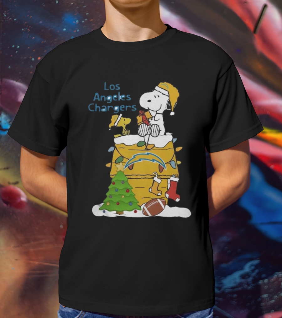 Santa Snoopy Woodstock Los Angeles Chargers Christmas Tree Football Socks T-Shirt