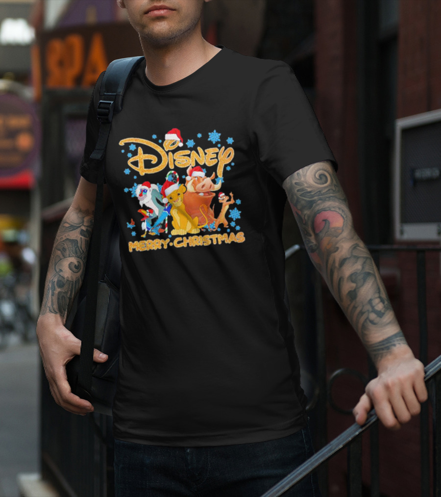 Disney Merry Christmas The Lion King Characters Santa Hats Snowflakes T-Shirt
