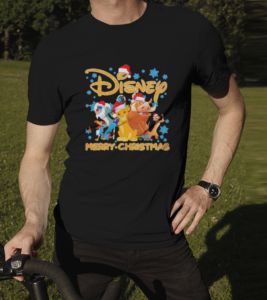 Disney Merry Christmas The Lion King Characters Santa Hats Snowflakes T-Shirt