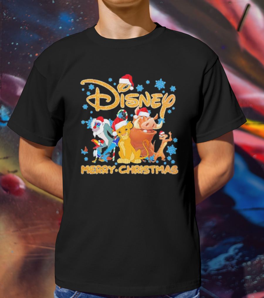 Disney Merry Christmas The Lion King Characters Santa Hats Snowflakes T-Shirt