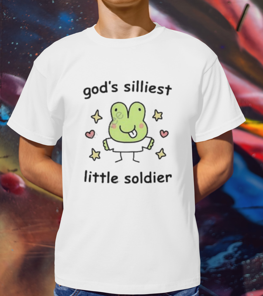 God's Silliest Little Soldier Cute Cartoon Frog With Stars And Hearts T-Shirt