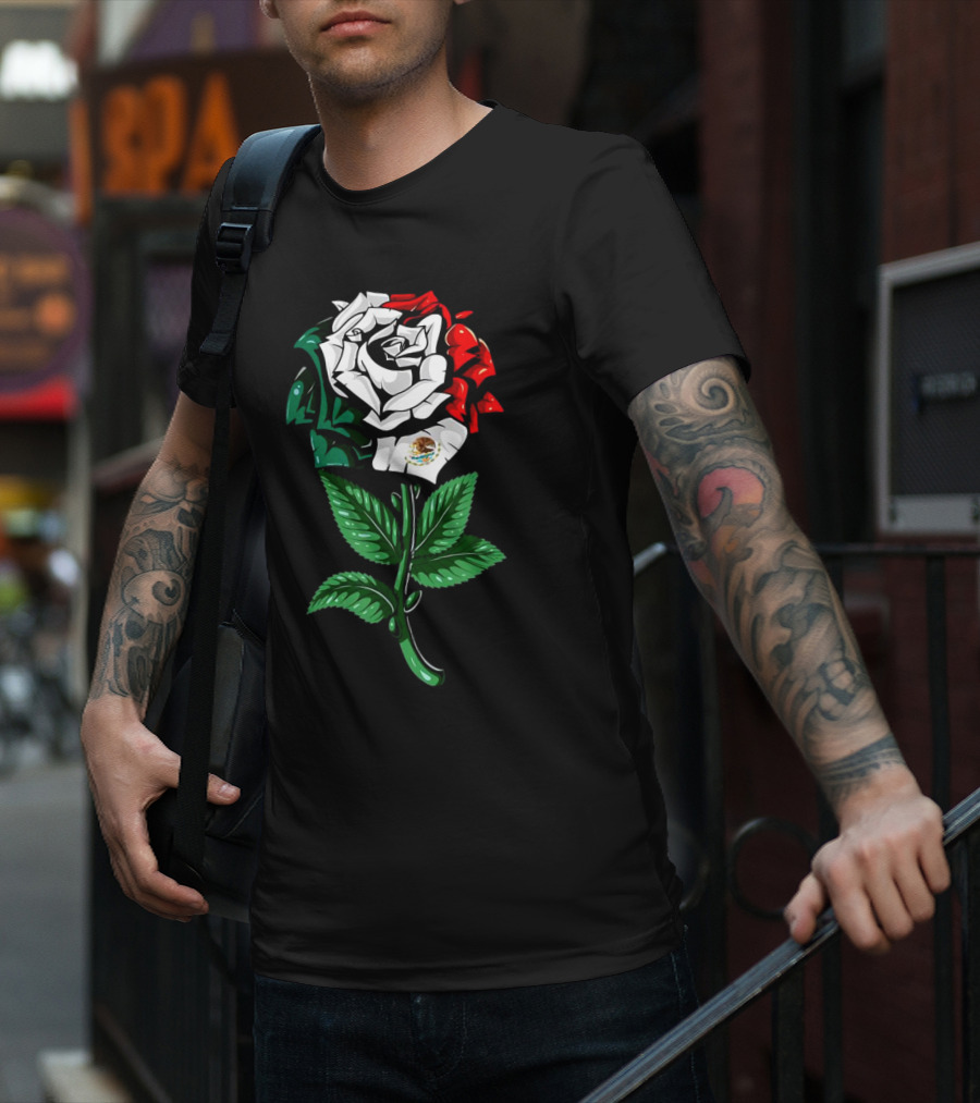 Rose In Colors Of Mexican Flag With Emblem T-Shirt