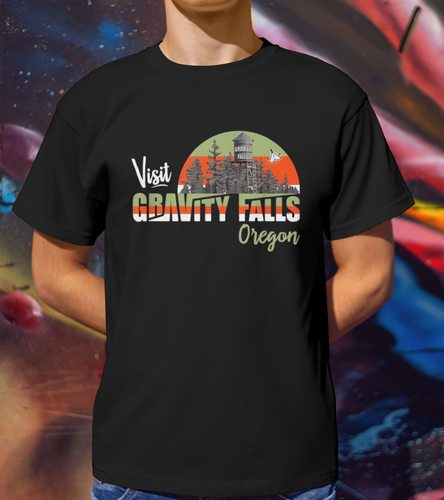 Visit Gravity Falls Oregon Trees And Lookout Tower Scene T-Shirt
