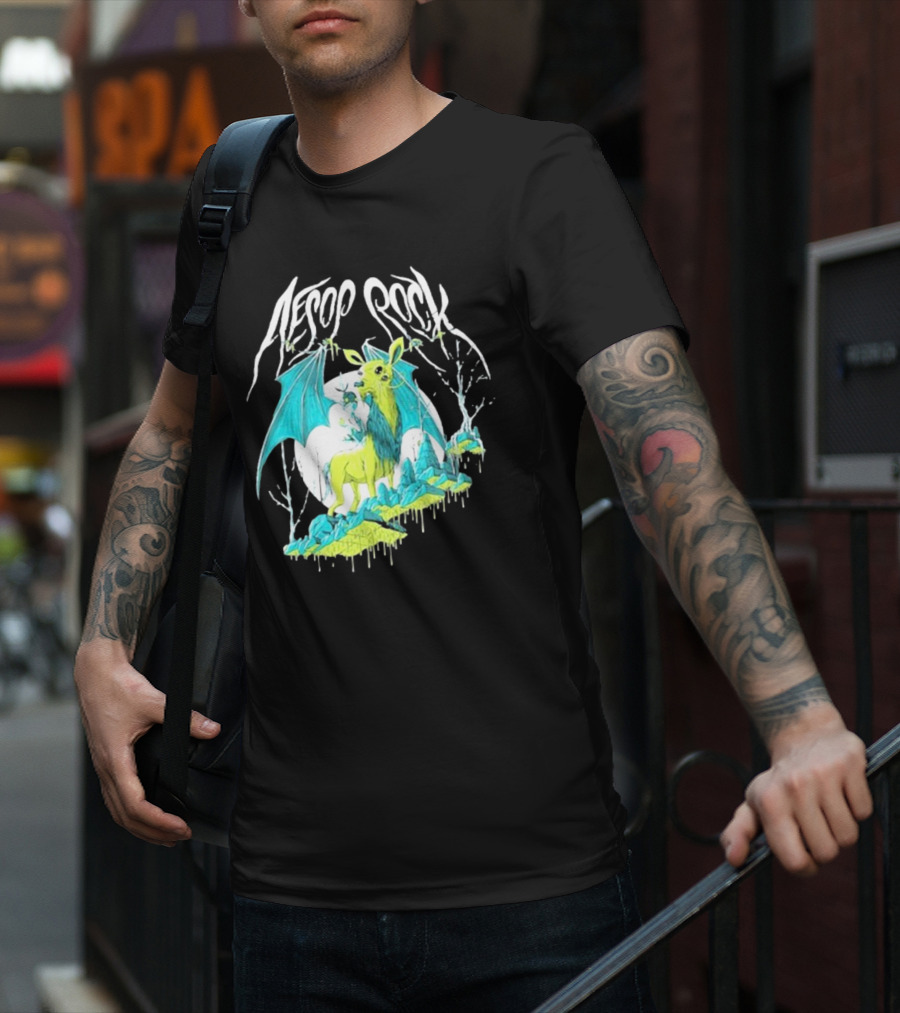 Aesop Rock Mythical Creature With Bat Wings And Moon Background T-Shirt