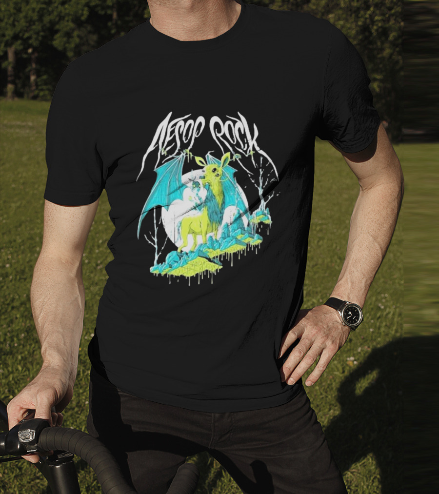 Aesop Rock Mythical Creature With Bat Wings And Moon Background T-Shirt