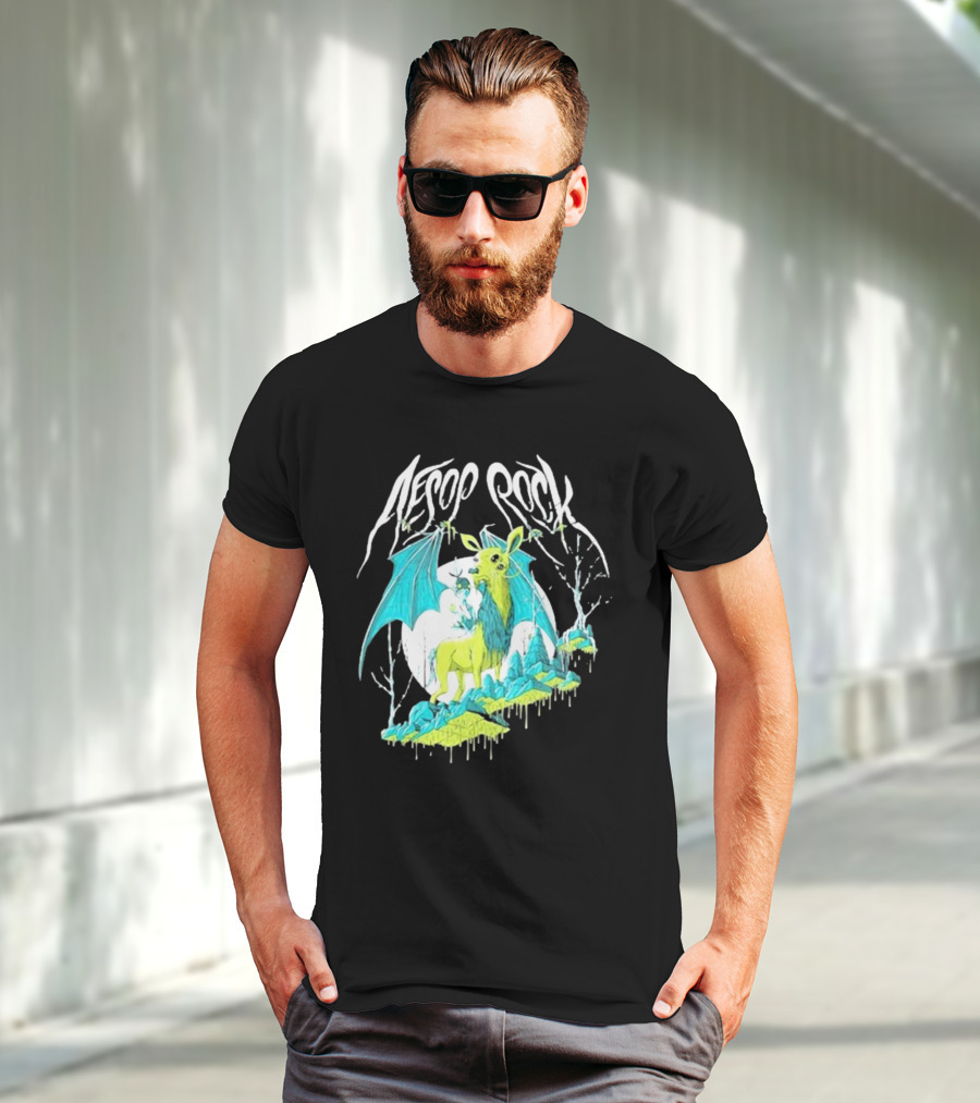 Aesop Rock Mythical Creature With Bat Wings And Moon Background T-Shirt