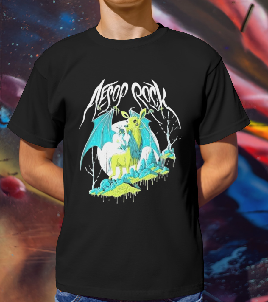 Aesop Rock Mythical Creature With Bat Wings And Moon Background T-Shirt