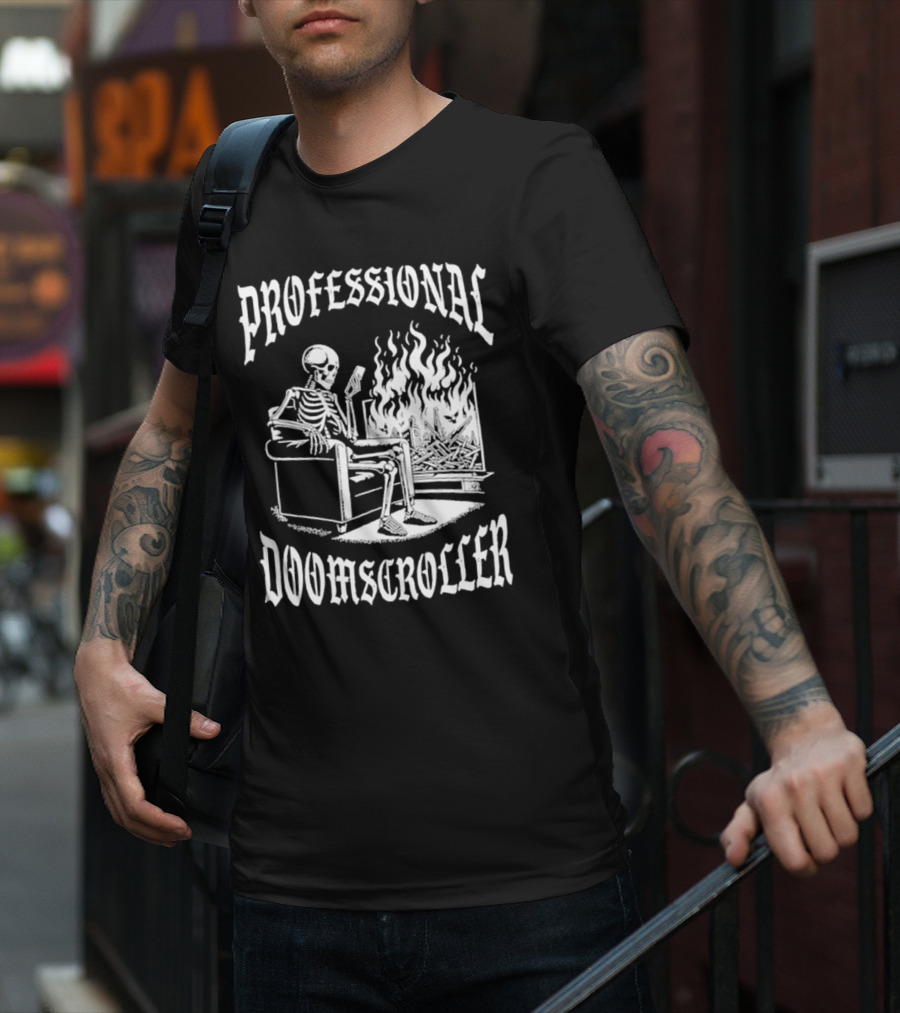 Professional Doomscroller Skeleton By Fireplace T-Shirt