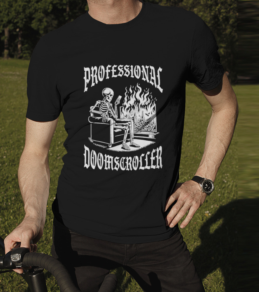 Professional Doomscroller Skeleton By Fireplace T-Shirt