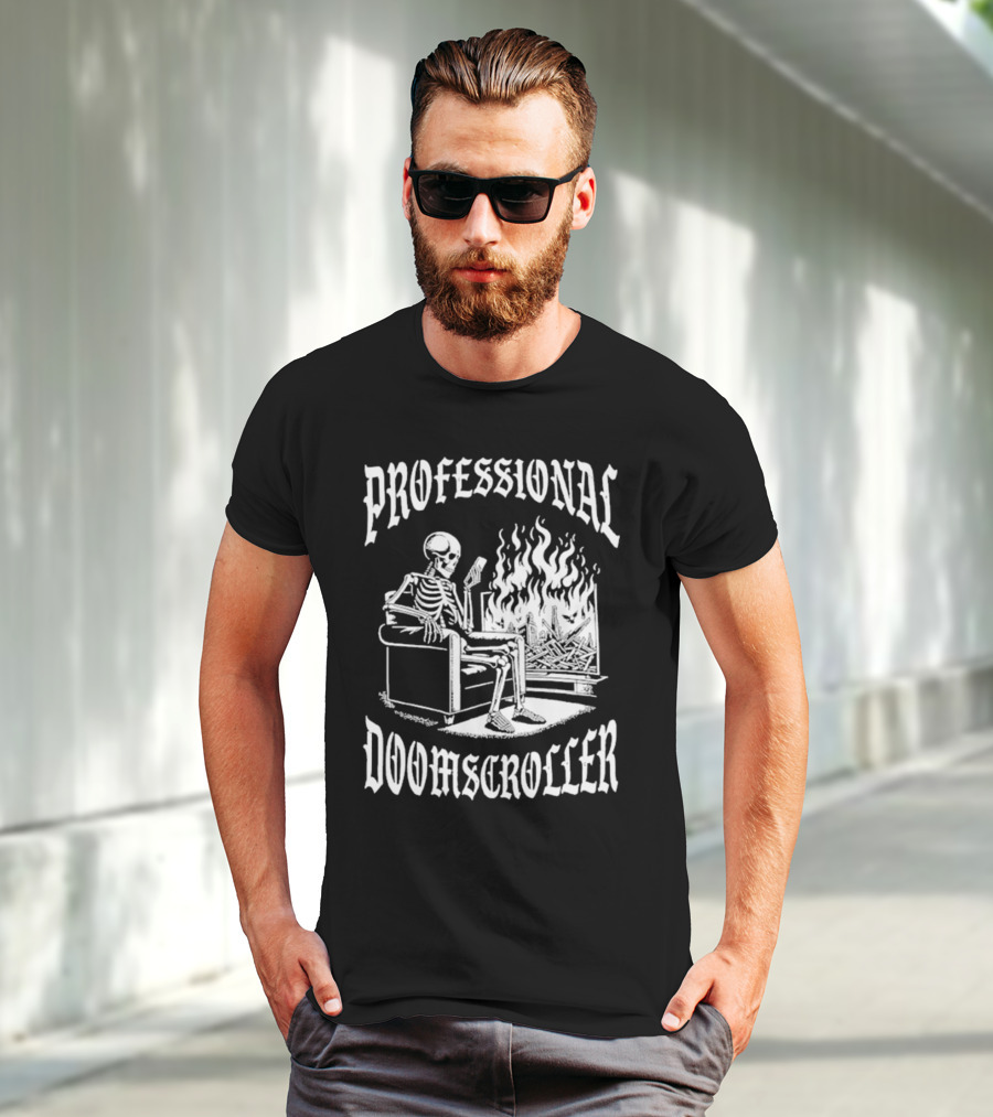 Professional Doomscroller Skeleton By Fireplace T-Shirt