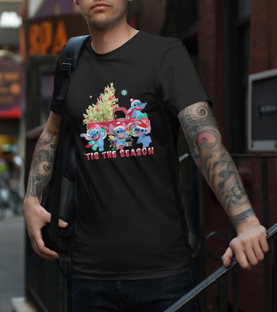 Stitch Tis The Season Christmas Santa Claus With Tree And Truck T-Shirt