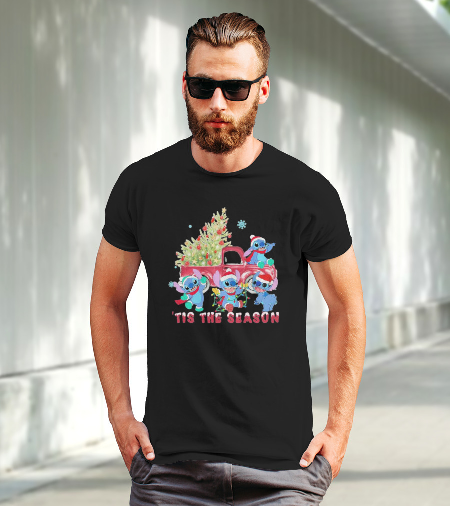 Stitch Tis The Season Christmas Santa Claus With Tree And Truck T-Shirt