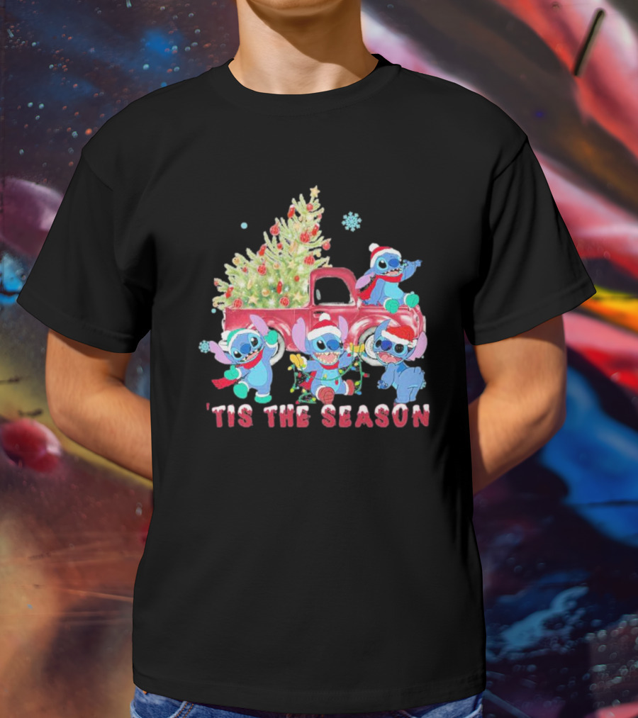 Stitch Tis The Season Christmas Santa Claus With Tree And Truck T-Shirt