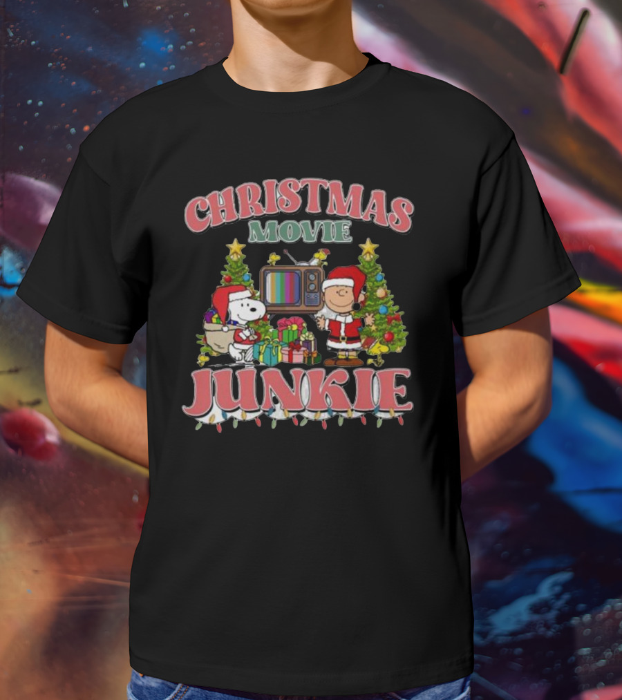 Christmas Movie Junkie Snoopy And Charlie Brown Festive TV Scene T-Shirt