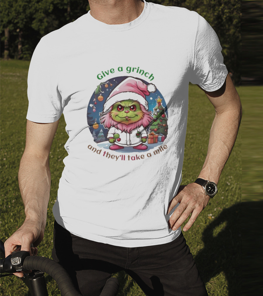 Chibi Pink Grinch Christmas Scene Give A Grinch And They’ll Take A Mile T-Shirt
