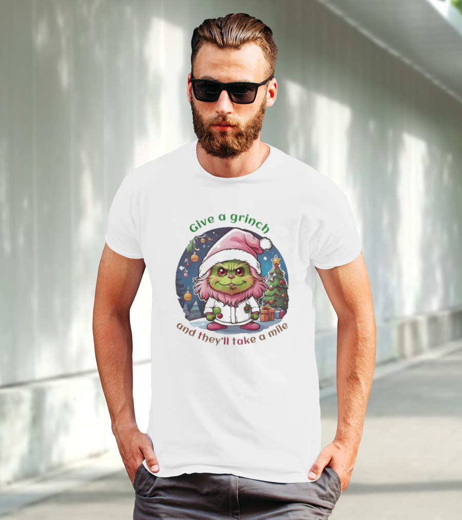 Chibi Pink Grinch Christmas Scene Give A Grinch And They’ll Take A Mile T-Shirt