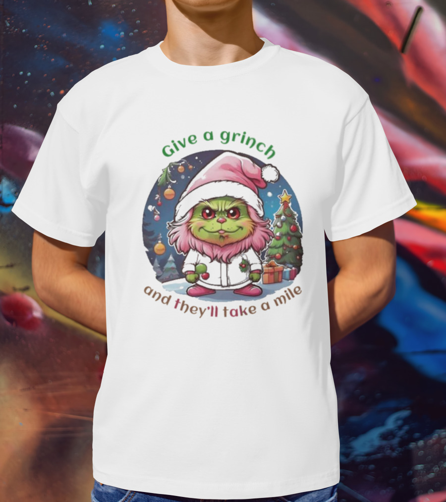 Chibi Pink Grinch Christmas Scene Give A Grinch And They’ll Take A Mile T-Shirt