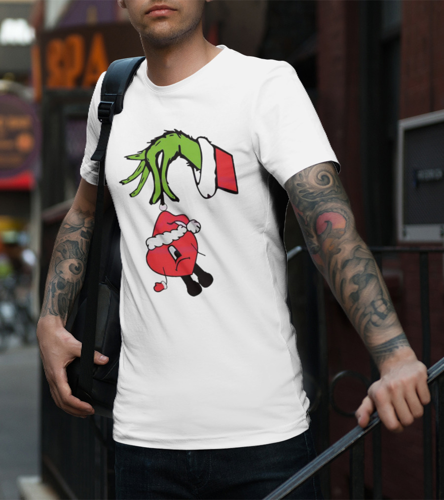 Grinch Hand Holding Santa Hat Bad Bunny Xmas T-Shirt